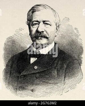 Portrait de Ferdinand de Lesseps, Ferdinand Marie Vicomte de Lesseps (1805-1894) est un diplomate français et promoteur du canal de Suez, qui rejoint en 1869 la Méditerranée et la mer Rouge. France, Europe. Ancienne illustration gravée du XIXe siècle, El Mundo Ilustrado 1880 Banque D'Images