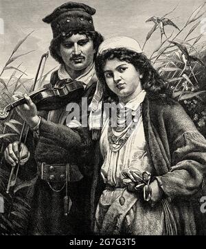 Couple amoureux sur les rives du fleuve Dnieper. Fleuve d'Europe de l'est qui traverse le centre de la Russie, la Biélorussie et l'Ukraine qui s'écoule dans la mer Noire, en Europe. Ancienne illustration gravée du XIXe siècle d'El Mundo Ilustrado 1880 Banque D'Images