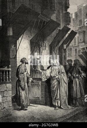 La vocation de l'apôtre Saint Matthieu. Ancienne illustration gravée du XIXe siècle d'El Mundo Ilustrado 1880 Banque D'Images