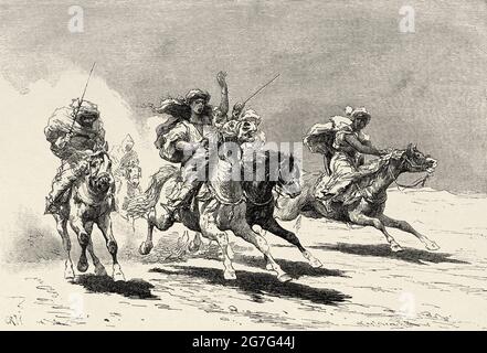 Course de chevaux dans le désert, Egypte, Afrique du Nord. Ancienne illustration gravée du XIXe siècle d'El Mundo Ilustrado 1880 Banque D'Images