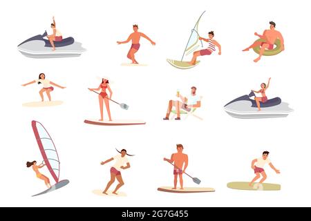 Groupe de sports nautiques. Les hommes et les femmes font le tour des vagues qui se précipitent ou flottent sur le paddle-board. Personnages heureux isolés sur fond blanc Banque D'Images