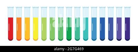 Solution aqueuse standard de graphique de pH dans des tubes à essai en verre isolés sur fond blanc. Illustration de Vecteur