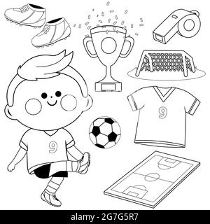 Petit garçon jouant au football. Page de couleur noir et blanc Banque D'Images