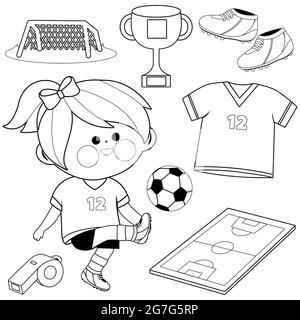 Petite fille jouant au football. Page de couleur noir et blanc Banque D'Images