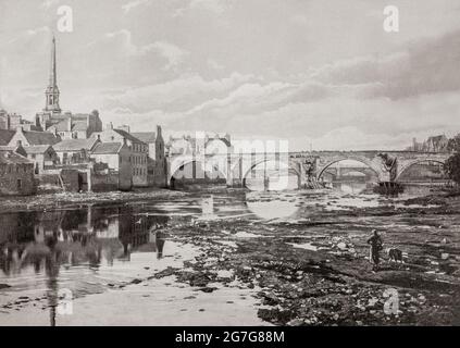 Vue de la fin du XIXe siècle sur les ponts TWA d'Ayr, en Écosse. Le 'Auld Brig' a servi de seul passage de rivière à Ayr pendant plus de trois siècles et la construction du Nouveau pont a commencé à l'automne 1786. C'est alors que le nouveau pont était en construction que le célèbre poème de Robert Burns, « les Brigs d'Ayr », a été écrit en 1787, qui a véritablement immortalisé le « Bang d'Auld ». Le nouveau pont a été ouvert l'année suivante. Banque D'Images