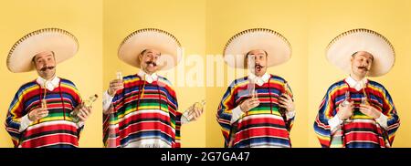 Collage de 4 portraits de jeunes hommes en vêtements mexicains ethniques avec bouteille de tequila isolée sur fond jaune de studio. Banque D'Images