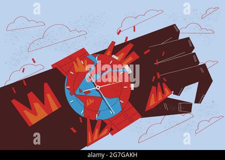 Le changement climatique et le réchauffement de la planète. L'illustration montre une main portant une montre en flammes qui nous avertit que le défi climatique est une question Banque D'Images