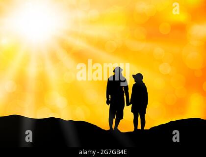 Soleil d'été chaud sur un couple tenant les mains sur la plaie. Journée d'été brûlante à la vague de chaleur Illustration de Vecteur