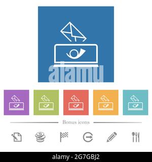 Envoi de courrier contour icônes blanches plates dans des arrière-plans carrés. 6 icônes bonus incluses. Illustration de Vecteur