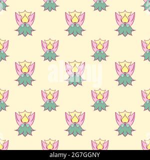 Motif fleuri sans couture sur fond jaune pastel avec fleurs roses vives et feuilles vertes Banque D'Images