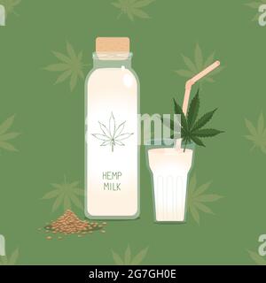 Lait de chanvre.Bouteille de lait de chanvre à base de cannabis végétal avec du verre et de la paille, des graines et des feuilles de cannabis.Lait de plante sain alternatif pour végétalien Illustration de Vecteur