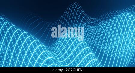 arrière-plan abstrait de rendu 3d avec une onde bleue de particules coulantes sur des lignes de forme de courbe sombres et lisses Banque D'Images