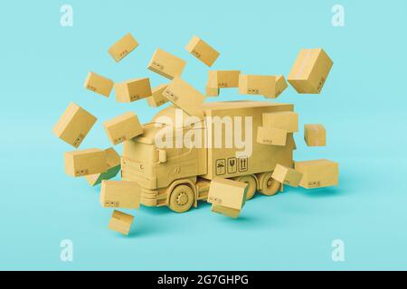 modèle de chariot de carton entouré de colis de livraison. concept de distribution.rendu 3d Banque D'Images