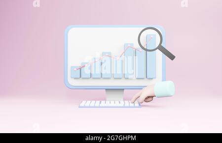 Écran d'ordinateur et doigt appuyez sur un clavier avec des graphiques et des diagrammes. Les idées et statistiques boursières rendu 3d Banque D'Images