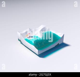 Voyage créatif et vacances. Paysage de plage de mer en 3D en forme de cube. Illustration 3d du concept saisonnier d'été. Banque D'Images