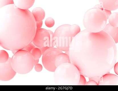 Balles abstraites réalistes en 3D, bulles roses. Sphères 3d dynamiques sur fond blanc Banque D'Images