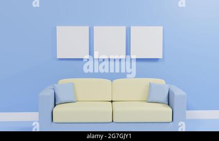 Salon minimaliste avec canapé contre mur bleu, rendu 3d Banque D'Images