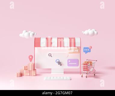 Achat en ligne 3D sur le concept de page Web. Boutique en ligne, illustration de rendu 3d Banque D'Images