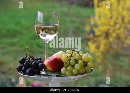 assiette de fruits avec verre de vin blanc dans le jardin, encore la vie Banque D'Images