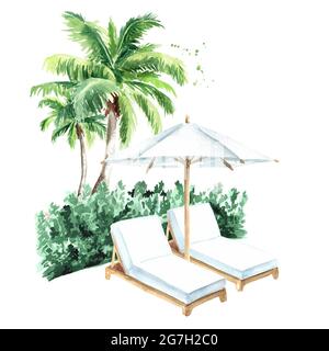 Chaises longues et palmiers, concept de vacances d'été. Illustration aquarelle dessinée à la main isolée sur fond blanc Banque D'Images
