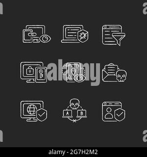 Les icônes blanches de la craie de surveillance d'Internet sont placées sur un fond sombre Illustration de Vecteur