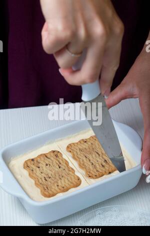 Une femme coupe de la glace maison. Biscuits et crème. Gros plan. Banque D'Images