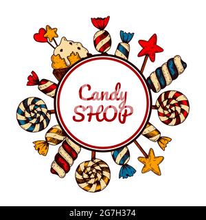 Motif Candy Shop dessiné à la main. Illustration vectorielle dans le style d'esquisse. Modèle pour les médias sociaux, le logo, les cartes, les étiquettes et les dépliants Illustration de Vecteur