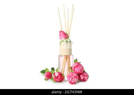 Flacon diffuseur avec roses isolé sur fond blanc Banque D'Images