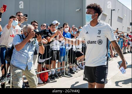 Turin, Italie. 14 juillet 2021. Weston McKennie de Juventus FC arrive à J Medical. Le Juventus FC commence les entraînements d'avant-saison le 14 juillet. Credit: Nicolò Campo/Alay Live News Banque D'Images