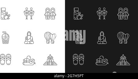 Icônes linéaires taïwanaises traditionnelles définies pour les modes sombre et clair. Illustration de Vecteur