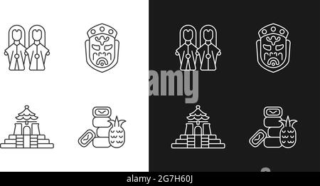 Icônes linéaires blanches de cérémonie asiatiques pour thème sombre. Illustration de Vecteur