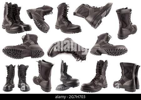 ensemble de nouvelles bottes militaires noires légères isolées sur fond blanc, dans différentes vues et prévisions Banque D'Images