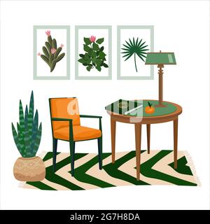 Intérieur de l'armoire de travail de style vert botanique. Vector vintage chambre confortable avec meubles, chaise, table, maison, moquette, affiches, bureau. Intérieur, Illustration de Vecteur