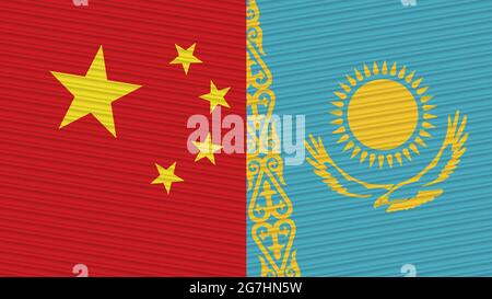 Kazakhstan et Chine deux demi-drapeaux ensemble texture de tissu Illustration Banque D'Images