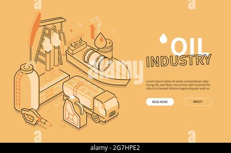 Industrie pétrolière - bannière web isométrique de style conception de ligne orange. Procession et commercialisation des produits pétroliers. Barils, pompe, usine, réservoir, réservoir, ta Illustration de Vecteur