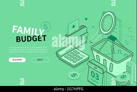 Budget familial - bannière isométrique style design de ligne. En-tête de gestion financière et de dépenses intelligentes avec fond vert et espace de copie pour le texte. Inconvénients Illustration de Vecteur