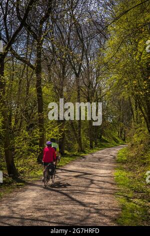 Royaume-Uni, Angleterre, Derbyshire, Tissington, cyclistes en tandem sur le sentier de Tissington – ancienne ligne de chemin de fer Banque D'Images