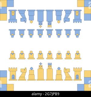 Ensemble de pièces d'échecs, les pièces sont stylisées à partir de rectangles arrondis. Roi, reine, évêque, Chevalier, Rook, Illustration vectorielle bleue jaune isolée par un pion Illustration de Vecteur