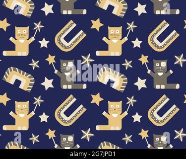 Motif enfant magique sans couture, chat avec baguette, arcs-en-ciel boho et étoiles. Motif bébé. Illustration vectorielle de couleur crème, brume désertique, gris Illustration de Vecteur