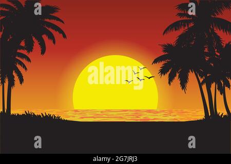 illustration vectorielle d'une vue sur la plage tropicale au coucher du soleil Illustration de Vecteur