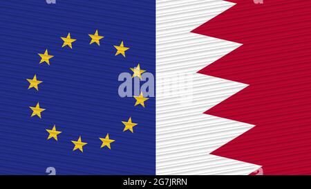 Illustration de la texture du tissu Two Half Flags Together de Bahreïn et de l'Union européenne Banque D'Images