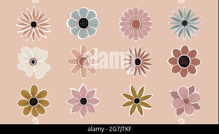 Fleur simple Résumé dessiné à la main diverses formes fleurs sauvages ensemble. Nature botanique fleurs objets contemporain moderne tendance vecteur. Collection de Illustration de Vecteur