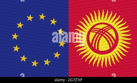 Illustration de la texture de tissu Two Half Flags Together du Kirghizistan et de l'Union européenne Banque D'Images