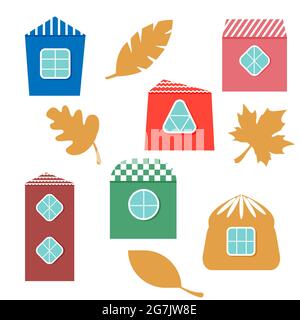 Jolies maisons colorées avec feuilles d'automne Illustration vectorielle isolée Illustration de Vecteur