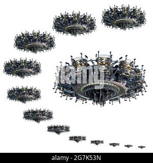 Collage de rendu 3D d'instances de vaisseau spatial d'OVNI, isolé sur blanc avec le chemin d'écrêtage inclus dans le fichier, pour l'œuvre de science-fiction ou la vidéo g Banque D'Images
