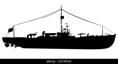 Silhouette d'un bateau militaire isolé sur un fond blanc. Illustration vectorielle. Illustration de Vecteur