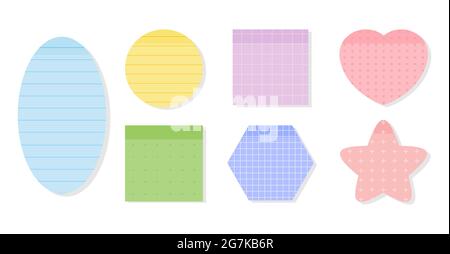 Ensemble de notes adhésives en papier pastel de couleur. Autocollants mémo avec différents motifs linéaires, croisés, en pointillés et en grille. Formes diverses Bloc-notes vide de messages de rappel. Isolé sur une illustration vectorielle blanche Illustration de Vecteur