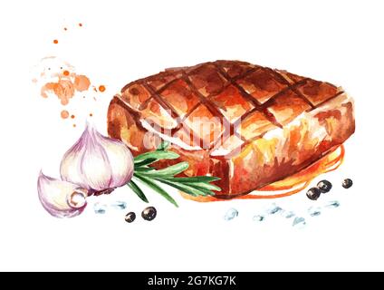 Steaks de bœuf grillés aux épices. Illustration aquarelle dessinée à la main, isolée sur fond blanc Banque D'Images