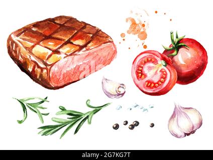 Steak de bœuf grillé avec sel, poivre, romarin, ail et tomates fraîches. Illustration aquarelle dessinée à la main, isolée sur fond blanc Banque D'Images