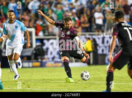 14 juillet 2021: Hector Herrera (16), milieu de terrain du Mexique, prend un coup de feu sur le but dans la deuxième moitié lors d'un match de la coupe d'or de la CONCACAF entre le Mexique et le Guatemala au stade Cotton Bowl à Dallas, TX le Mexique a battu Guatemala 3-0Albert Pena/CSM Banque D'Images